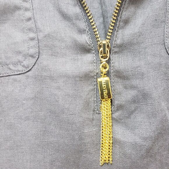 Women’s Ellen Tracy Gray 100% Linen Roll Tab Sleeve Zipper Front Blouse Sz S NWT - Picture 7 of 14